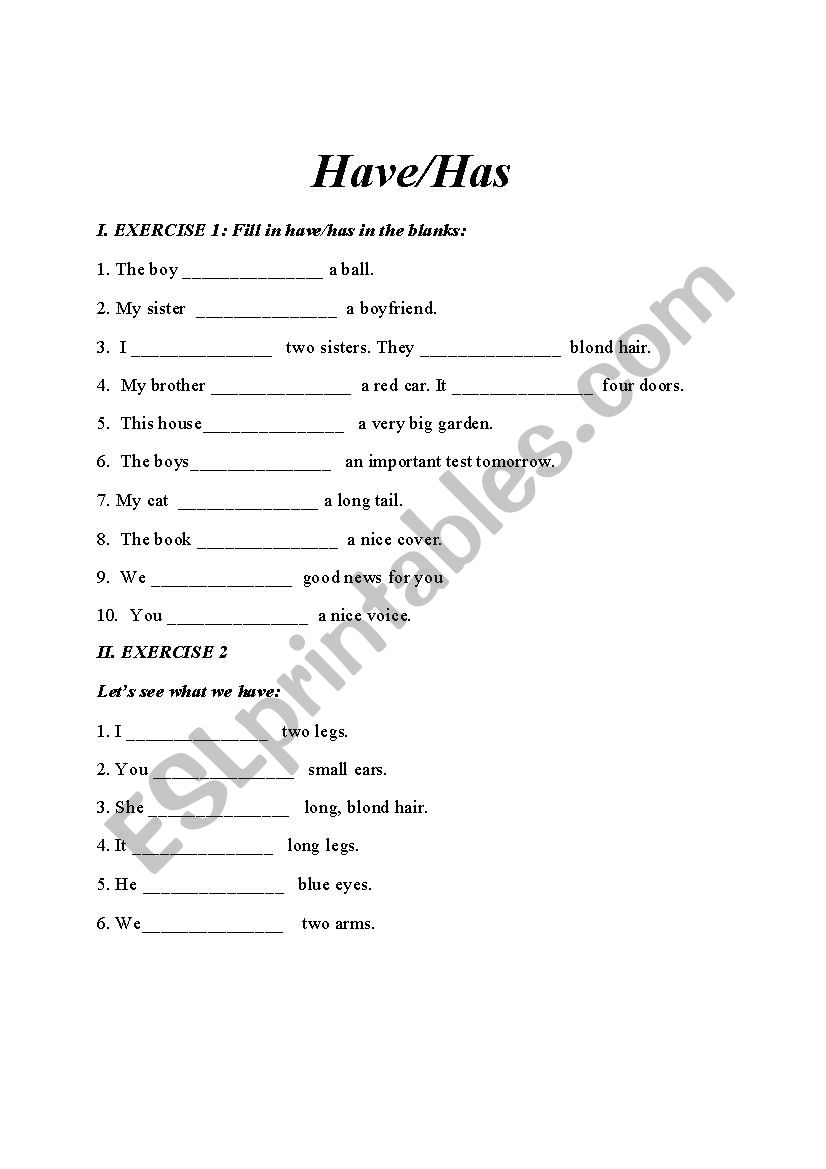 Have/Has worksheet