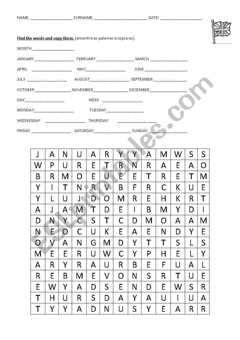 months and days of the week word search