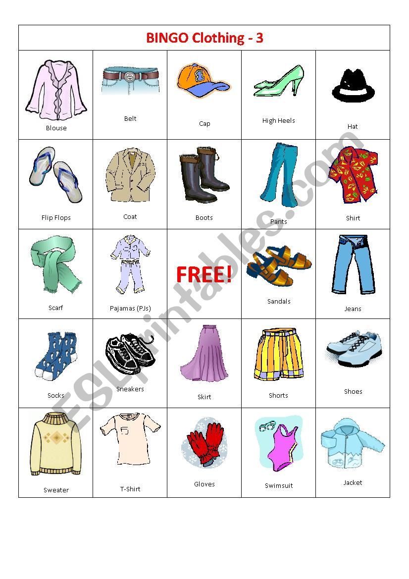 BINGO Clothing 3-4 worksheet