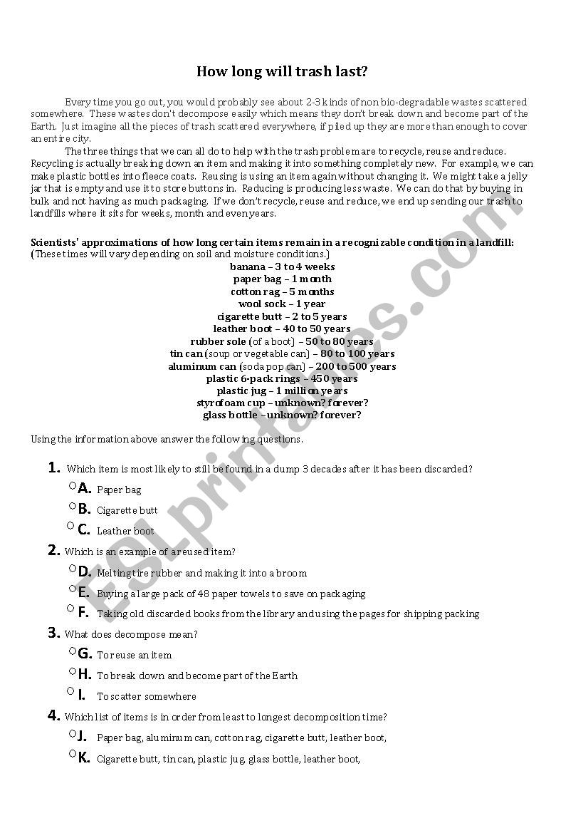 Recycling Reading and Questions