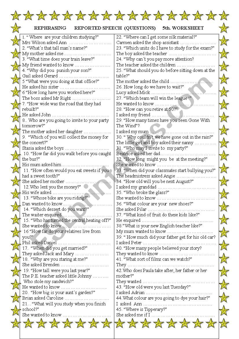 Rephrasing     Reported Speech ( wh.questions) Fourth Worksheet