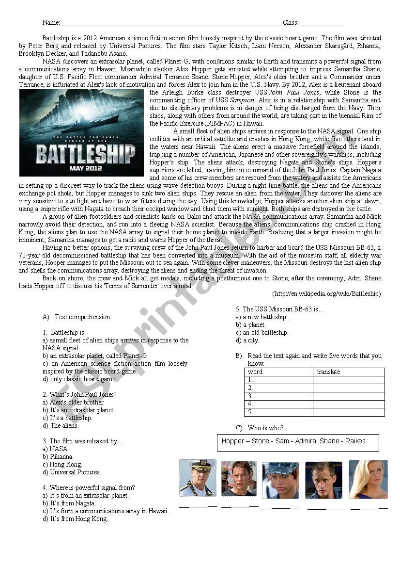 Battleship: Text Comprehension