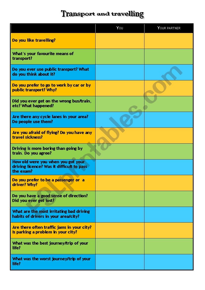 Transport and travelling - questionnaire SPEAKING