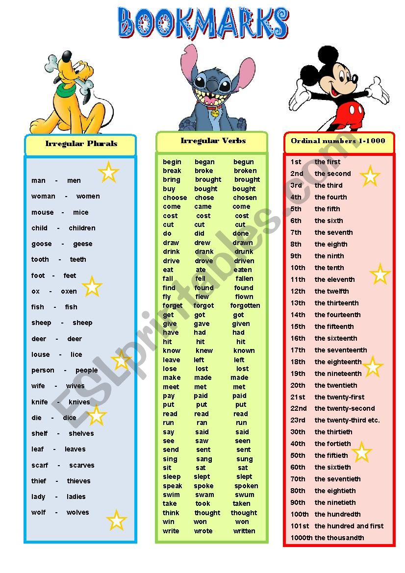 Bookmarks worksheet