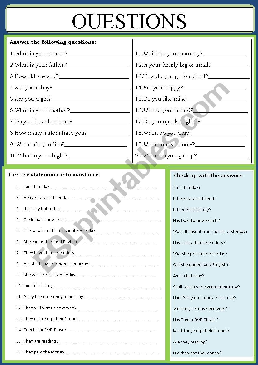 Questions - ESL worksheet by jhansi