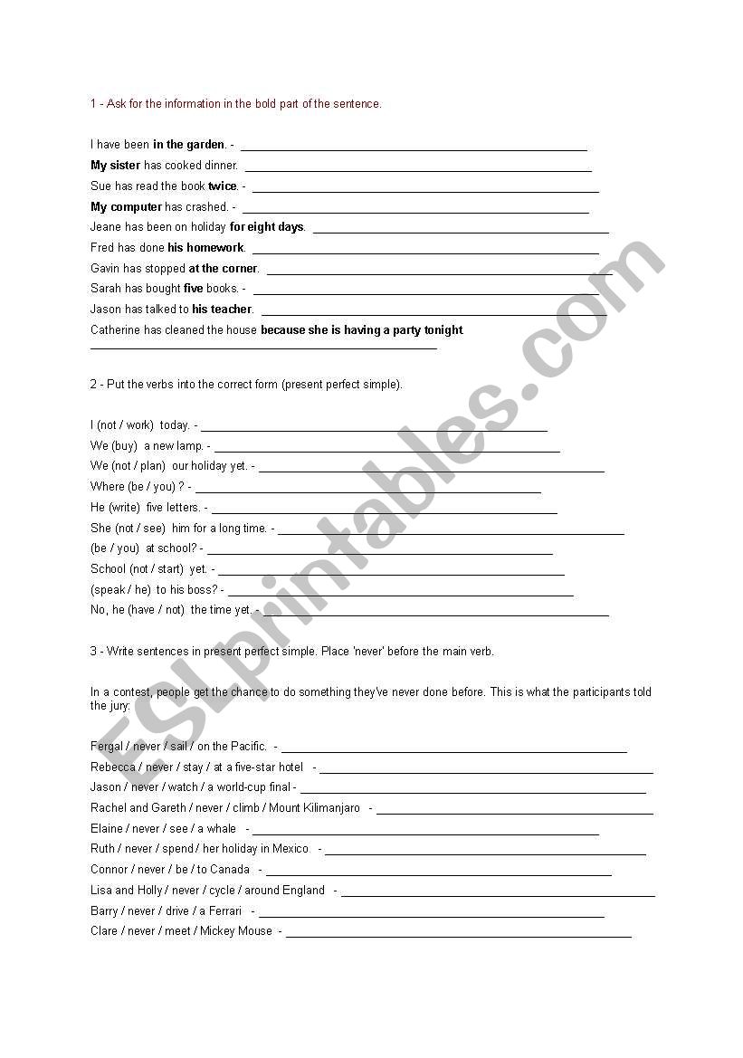 Present Perfect Exercises worksheet