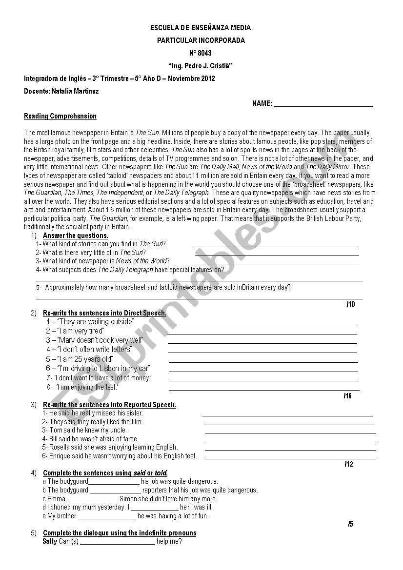 Reported speech worksheet