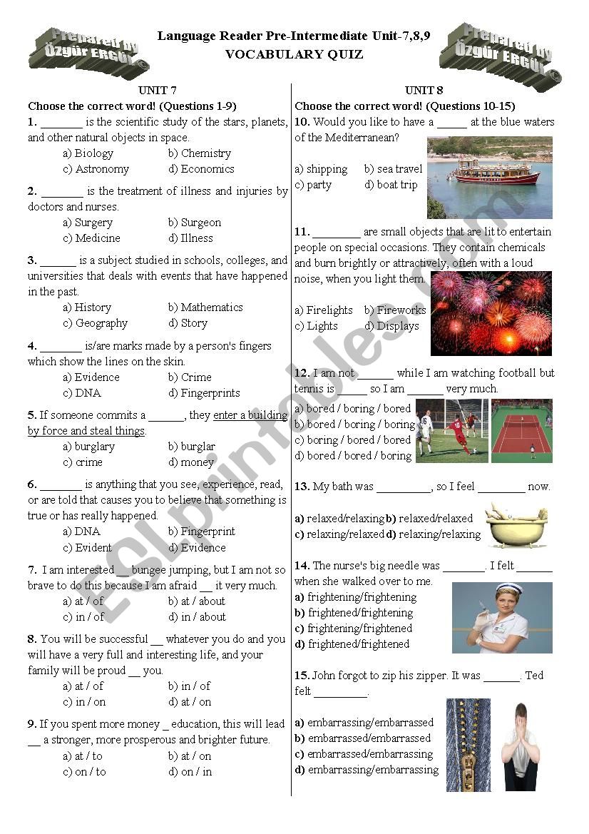 Vocabulary Quiz for Language Reader Pre-Int Unit-7,8,9