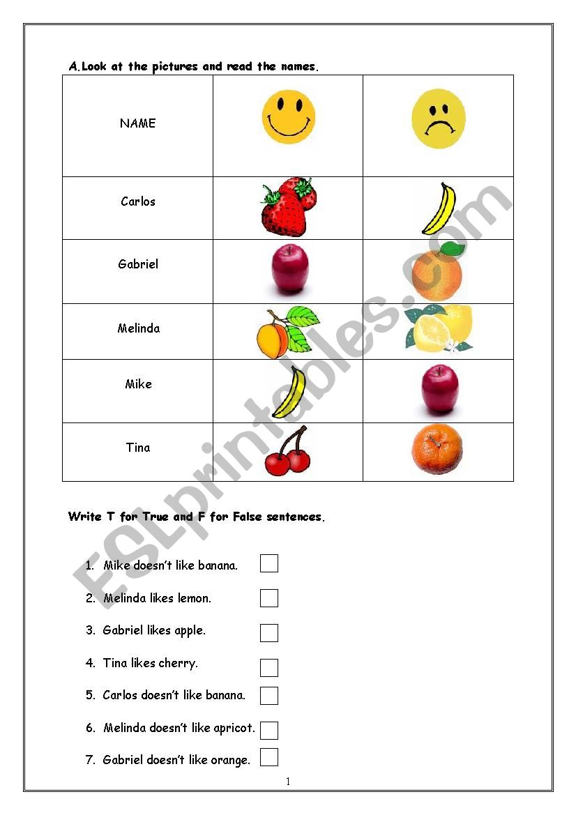 likes and dislikes worksheet