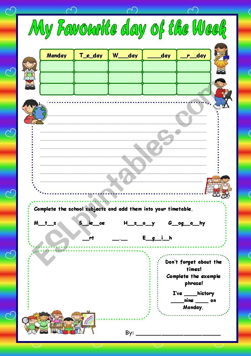 My Favourite day of the week - review vocabulary gapfill  and writing