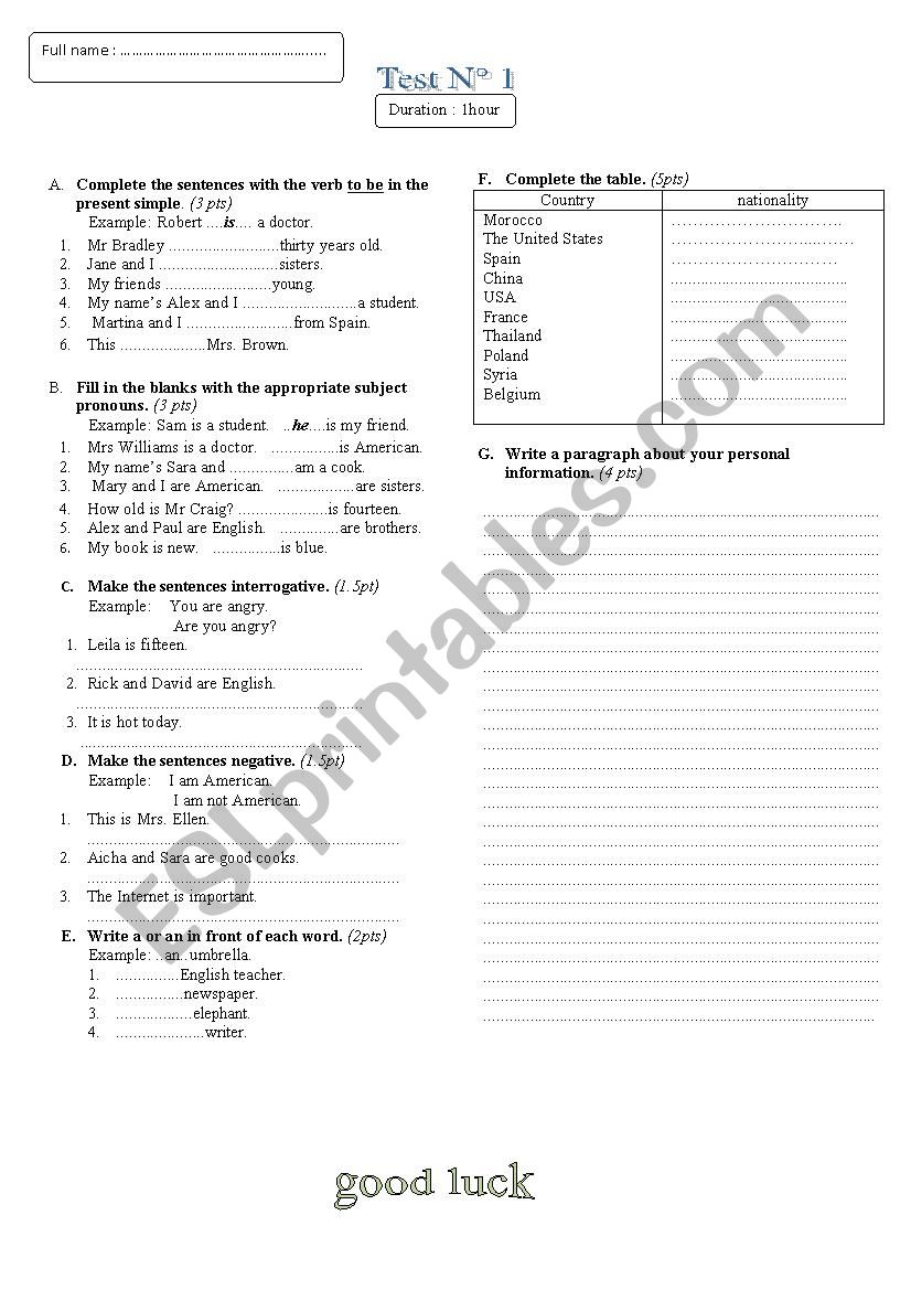 beginners test worksheet