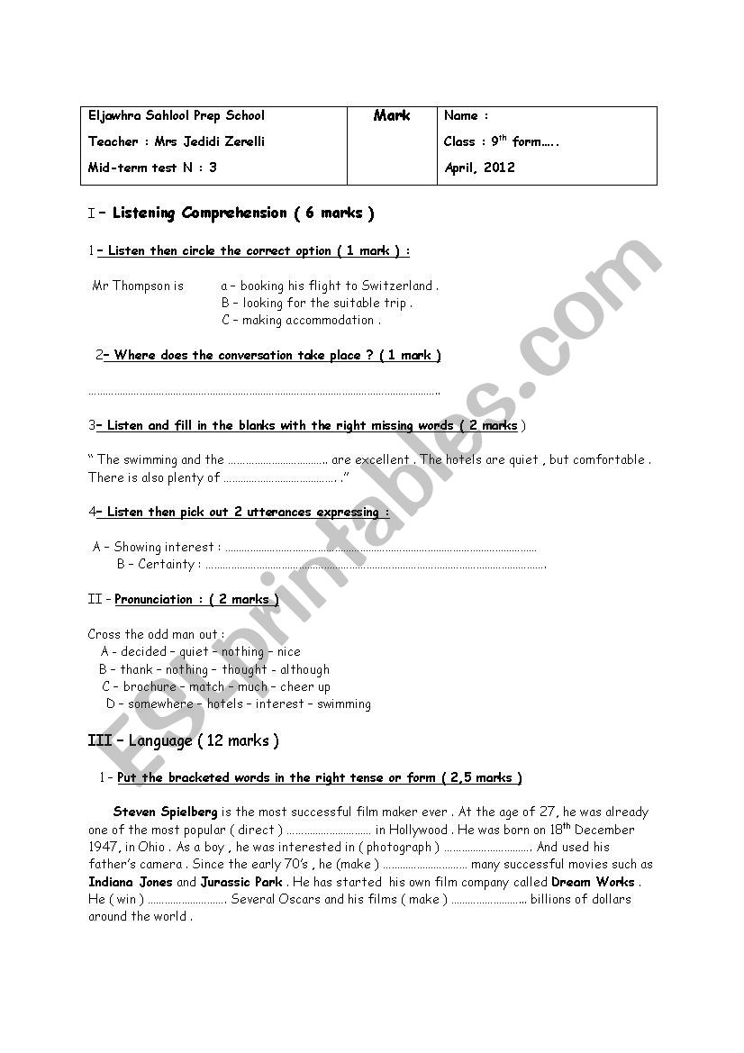 mid- term test worksheet