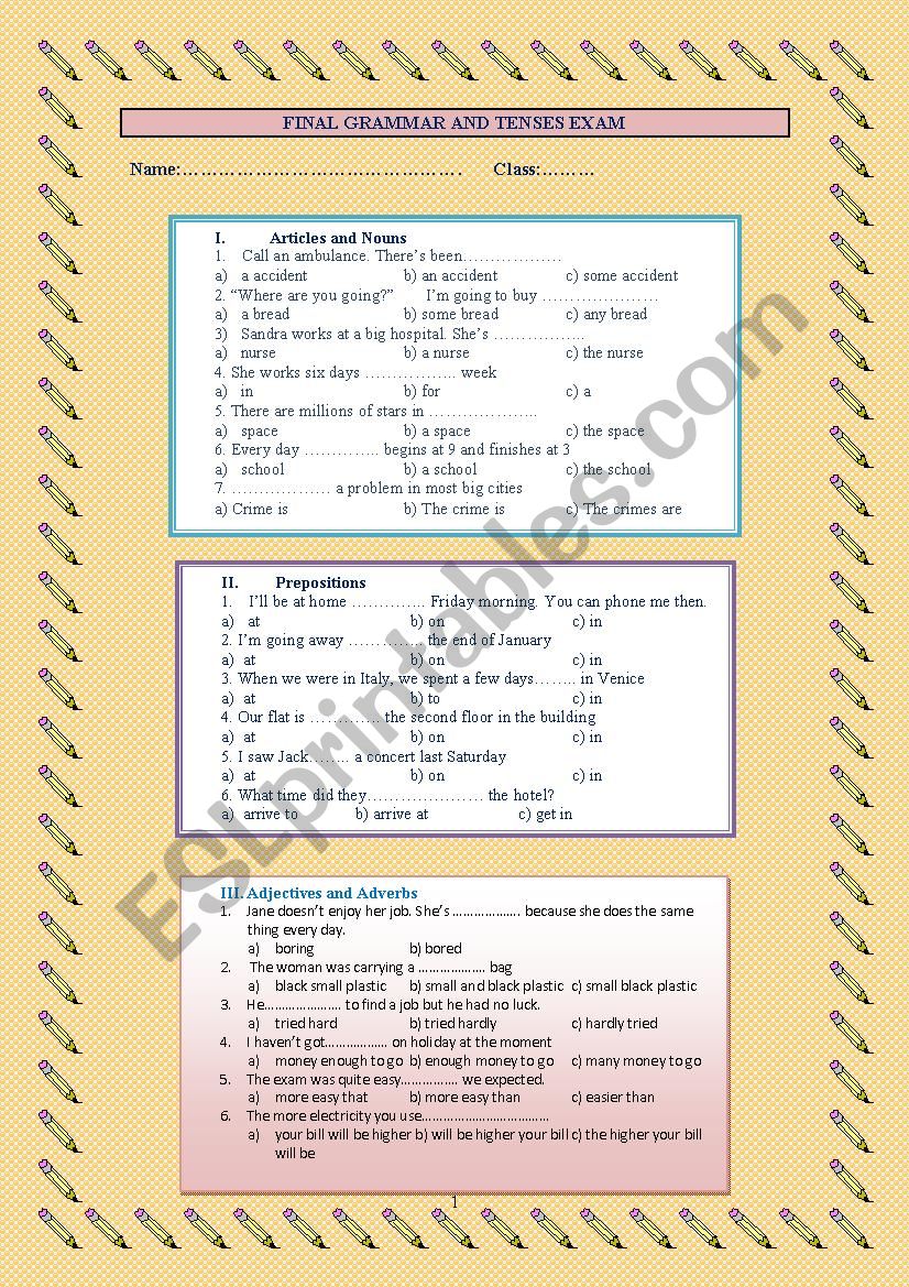 Final Grammar and Tenses Exam worksheet