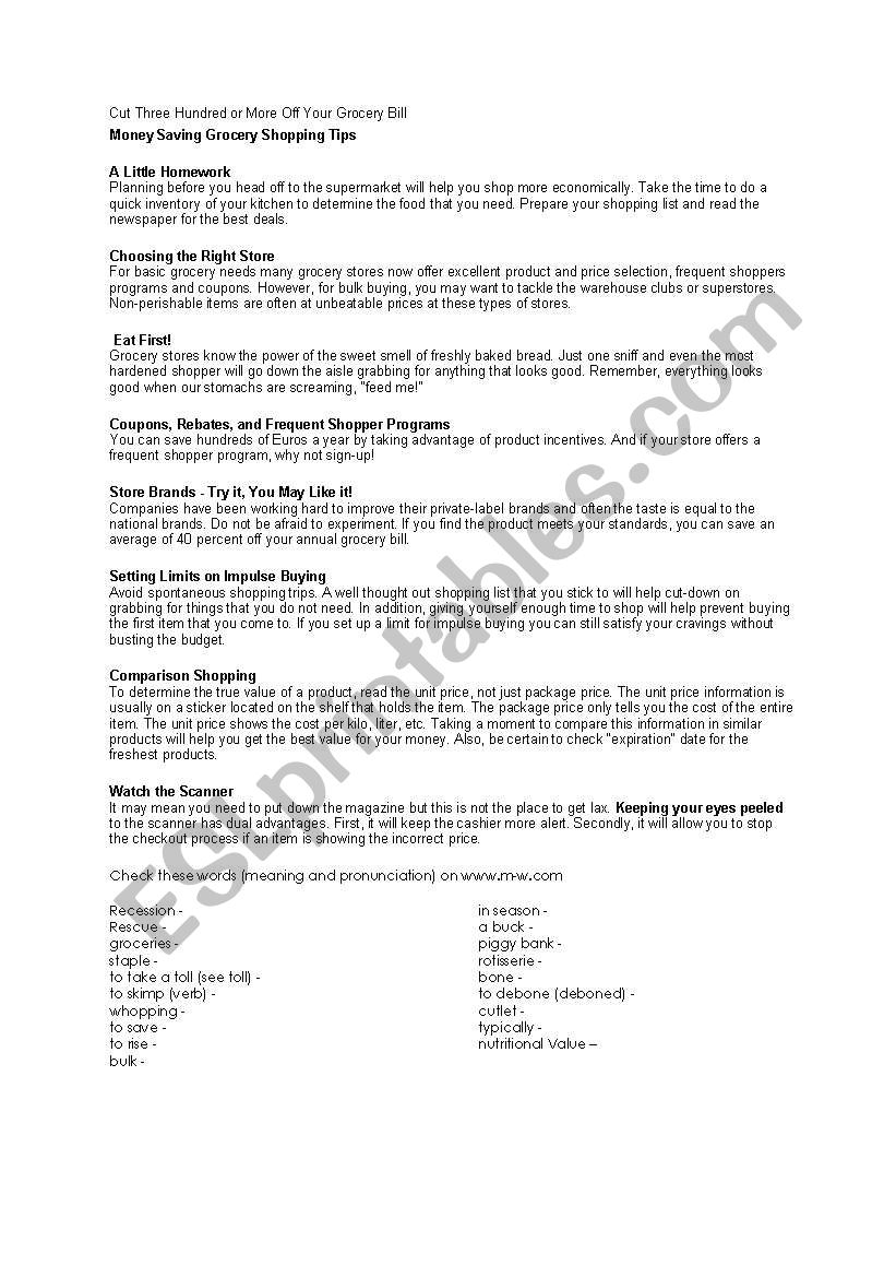 Save on Groceries worksheet