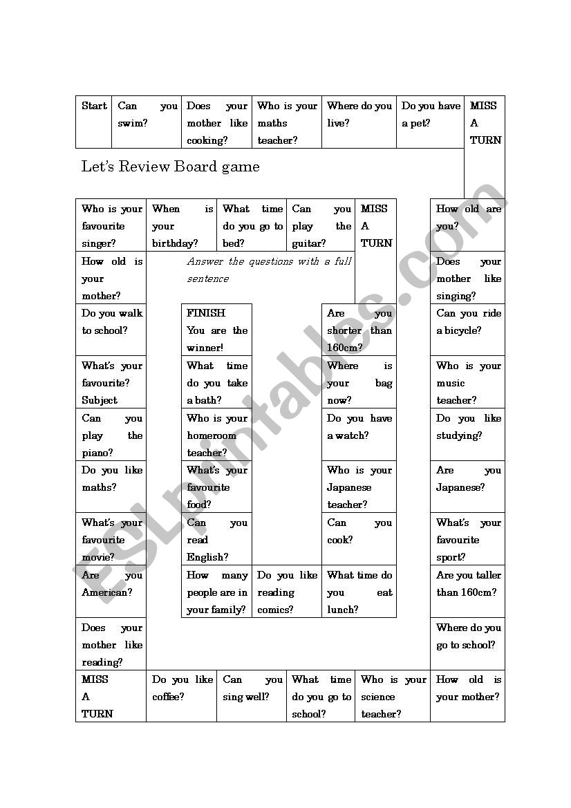 Lets review board game worksheet