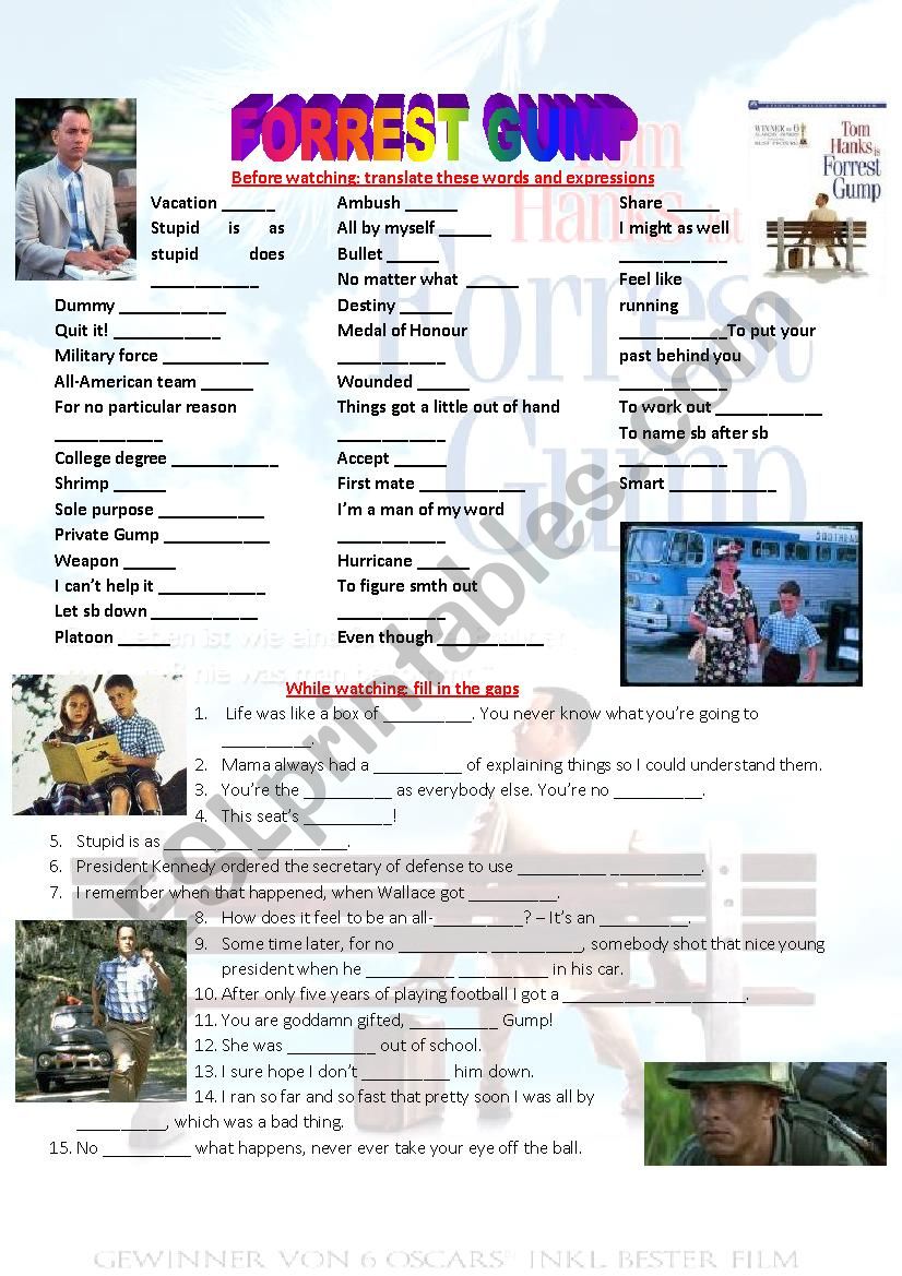 FORREST GUMP full movie worksheet