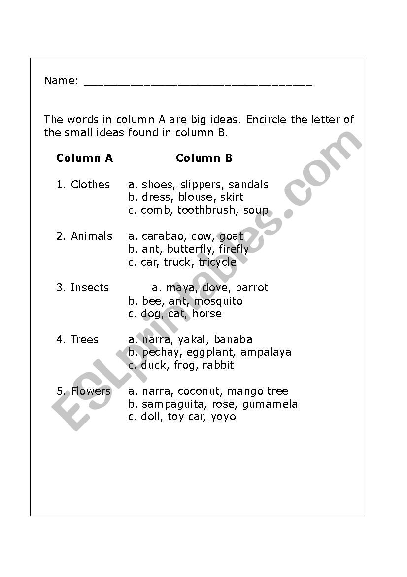 Big and Small ideas worksheet