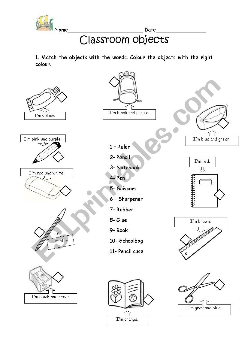 classroom objects and colours worksheet