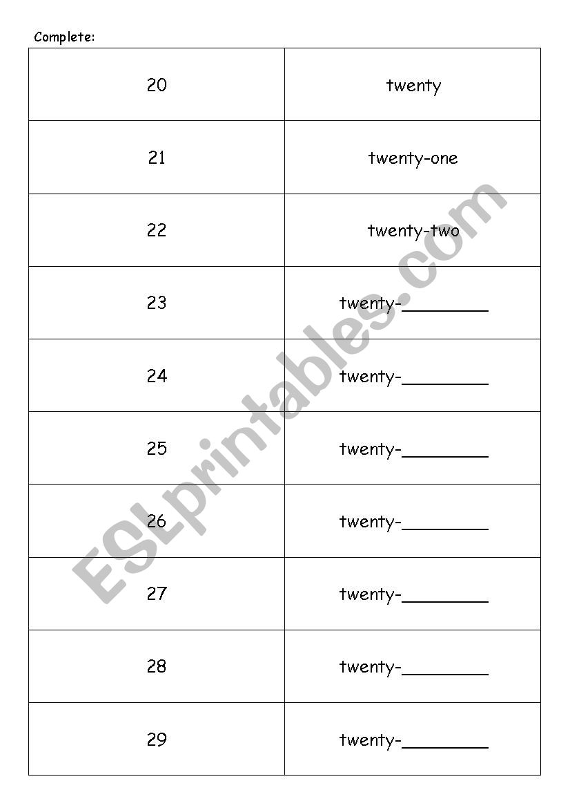 Numbers from 20 to 29 worksheet