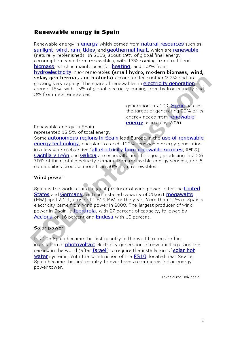 Renewable energies in Spain. worksheet