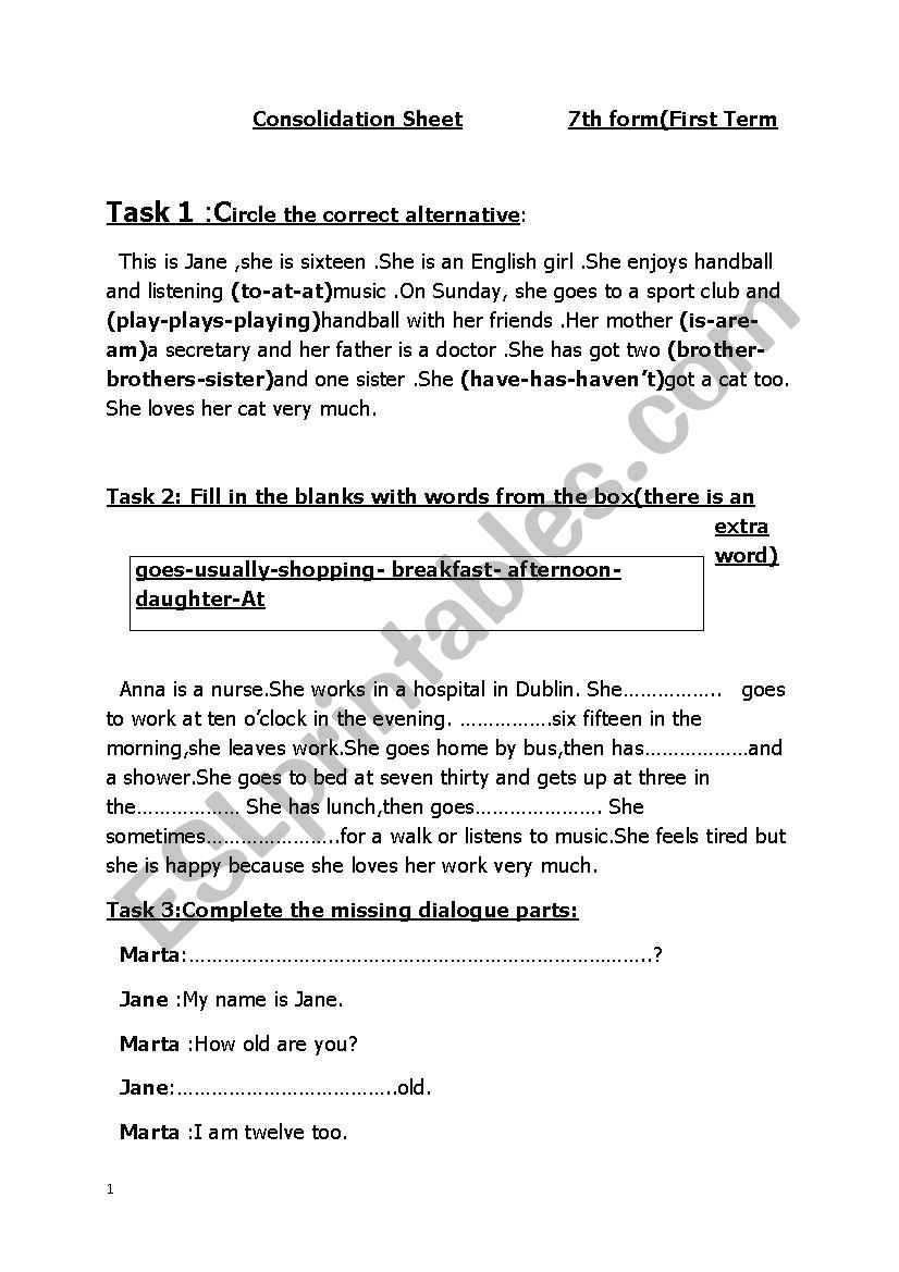 consolidation sheet  7th form first term 