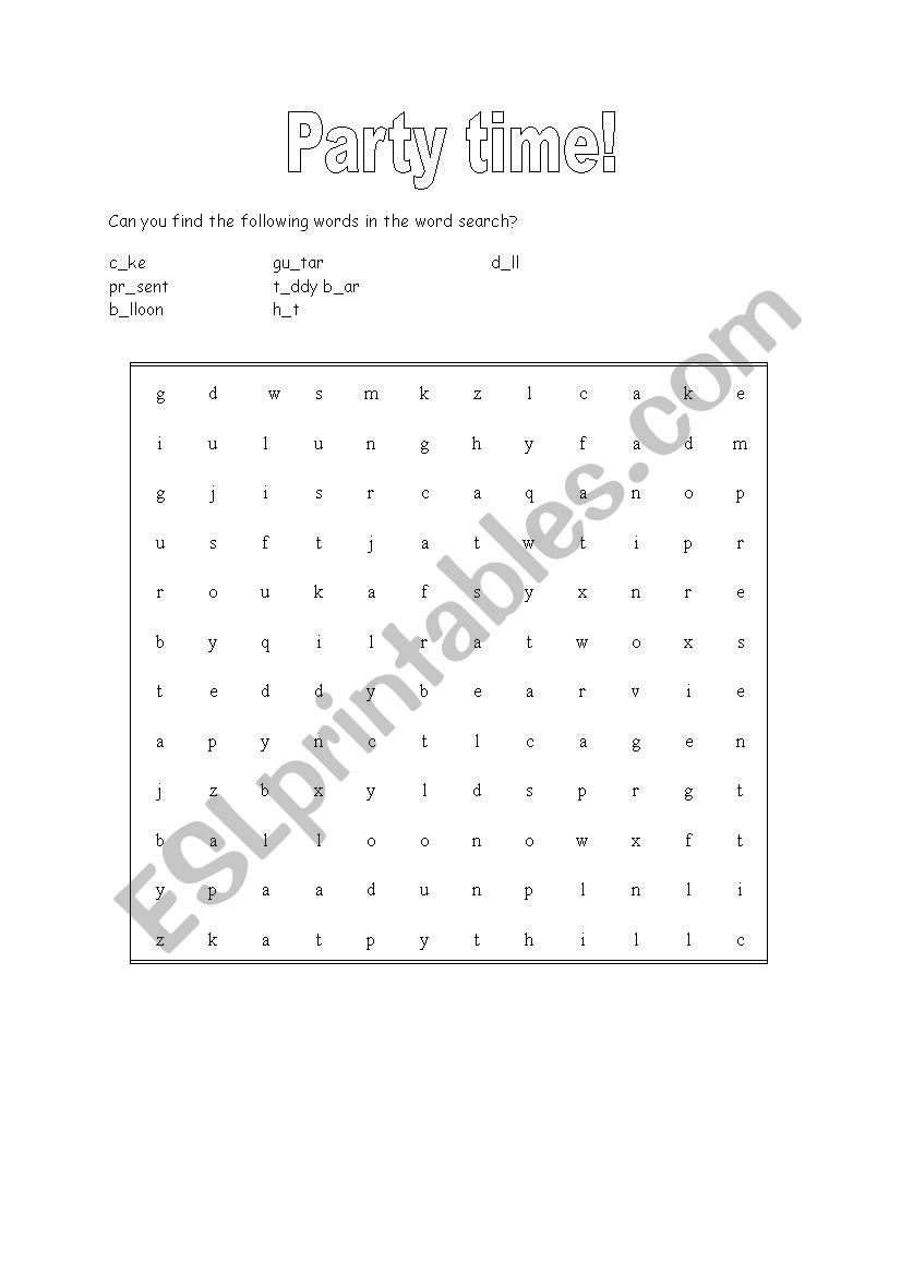 Party time word search worksheet