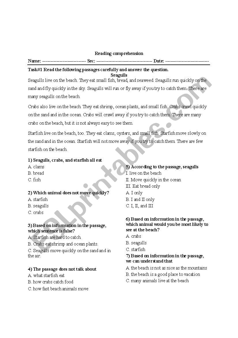 Reading comprehension worksheet