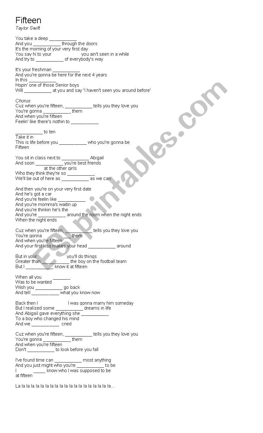 Fifteen - Taylor Swift song worksheet