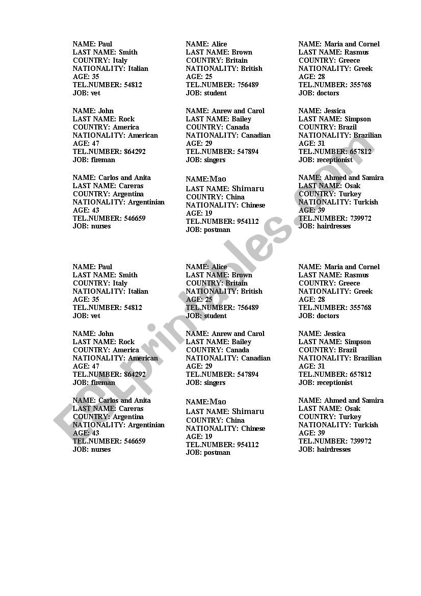 identity cards worksheet