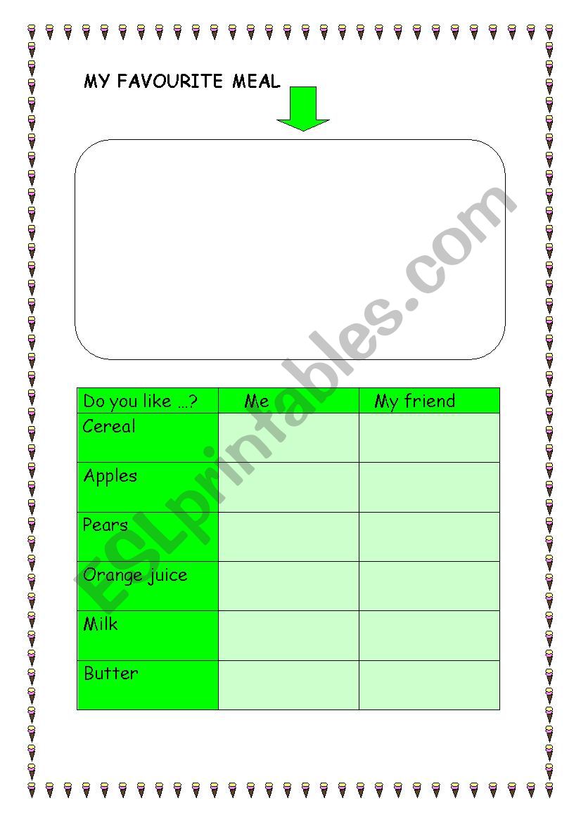 My favourite meal worksheet