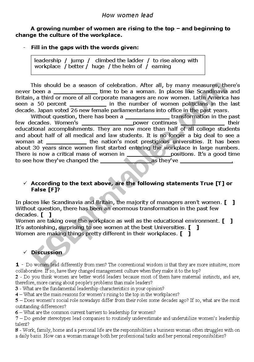 How women lead (students) worksheet