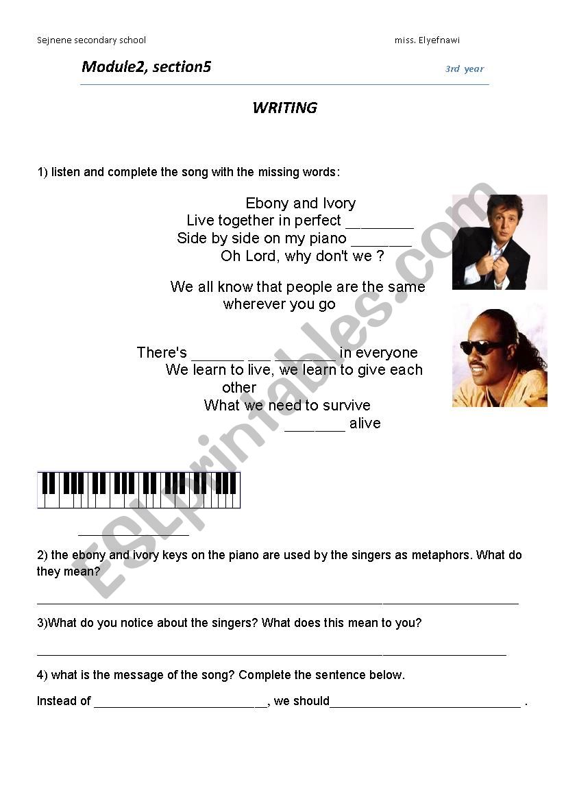 ebony and ivory song worksheet