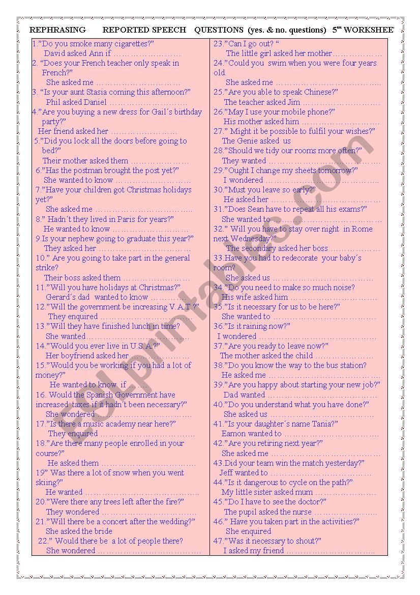 Rephrasing    Reported Speech (yes & no questions) 5th, worksheet