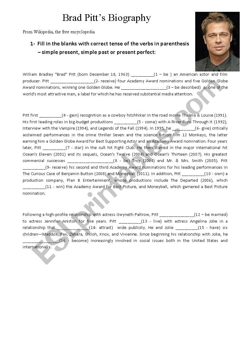 Brad Pittâ€™s Biography  worksheet