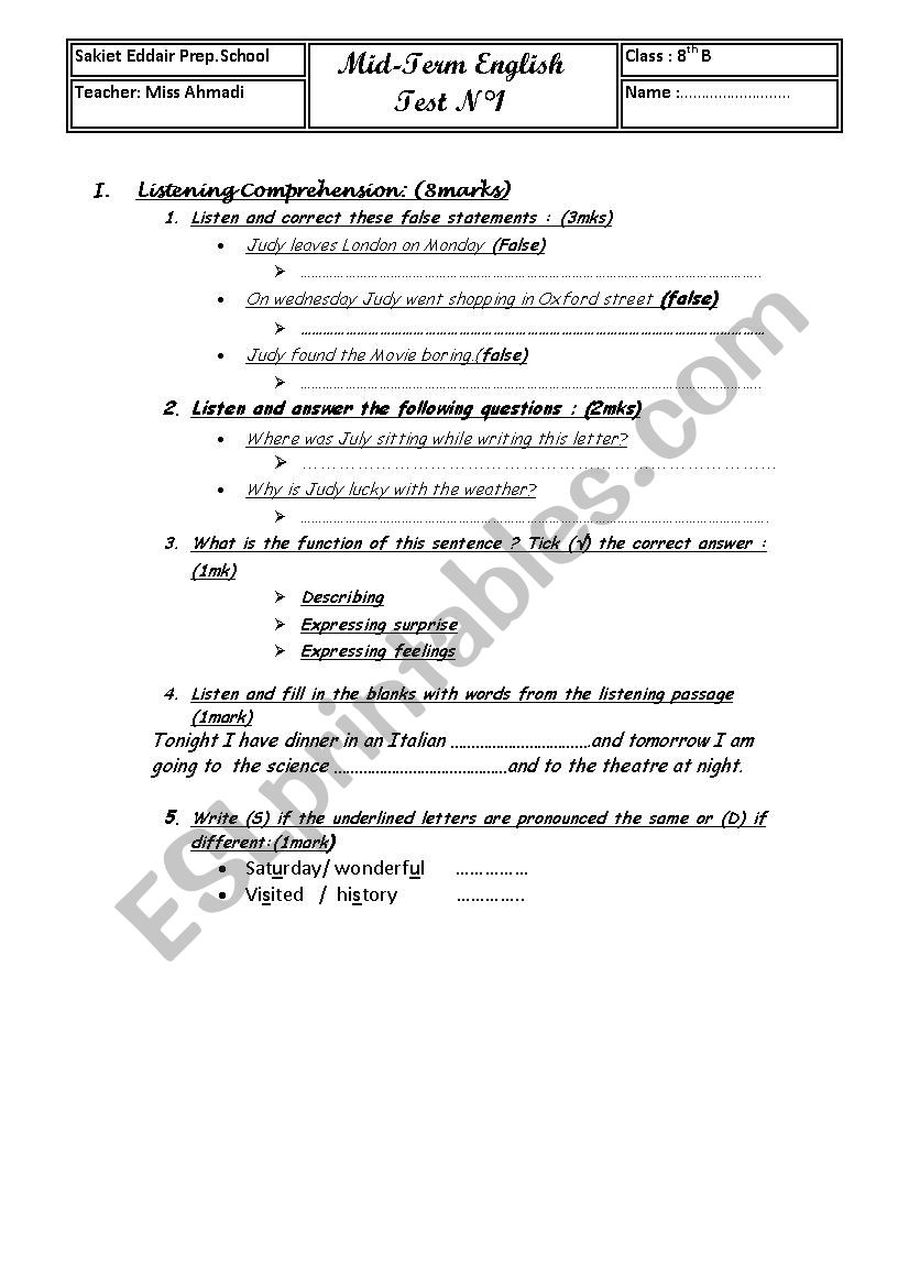 8th form test worksheet