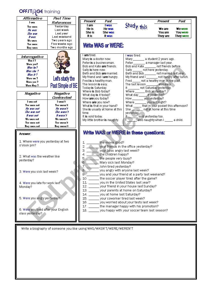 Past Simple of Be worksheet