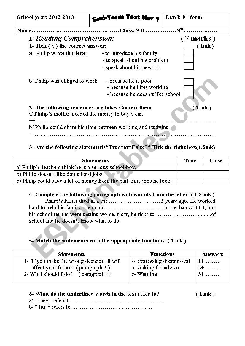End Term Test 1 (9th formers) worksheet
