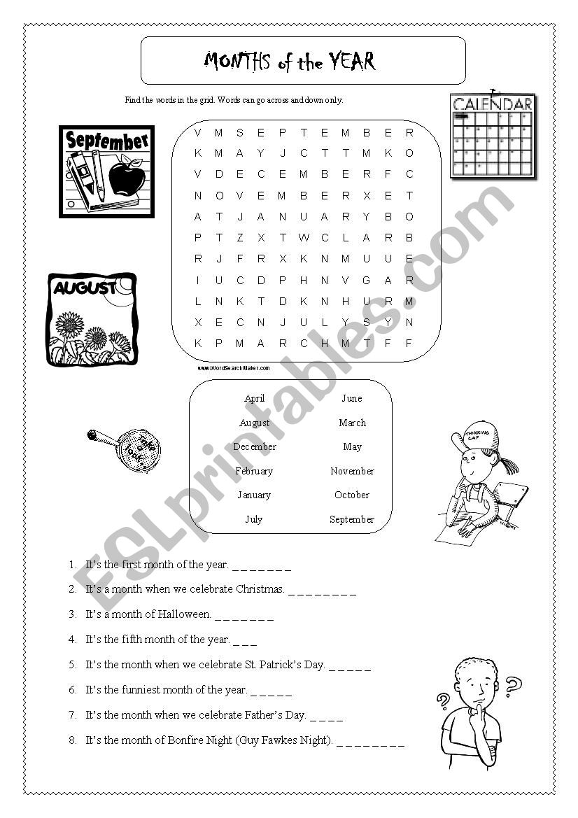 Months of the year -a wordsearch and a hangman-type task 