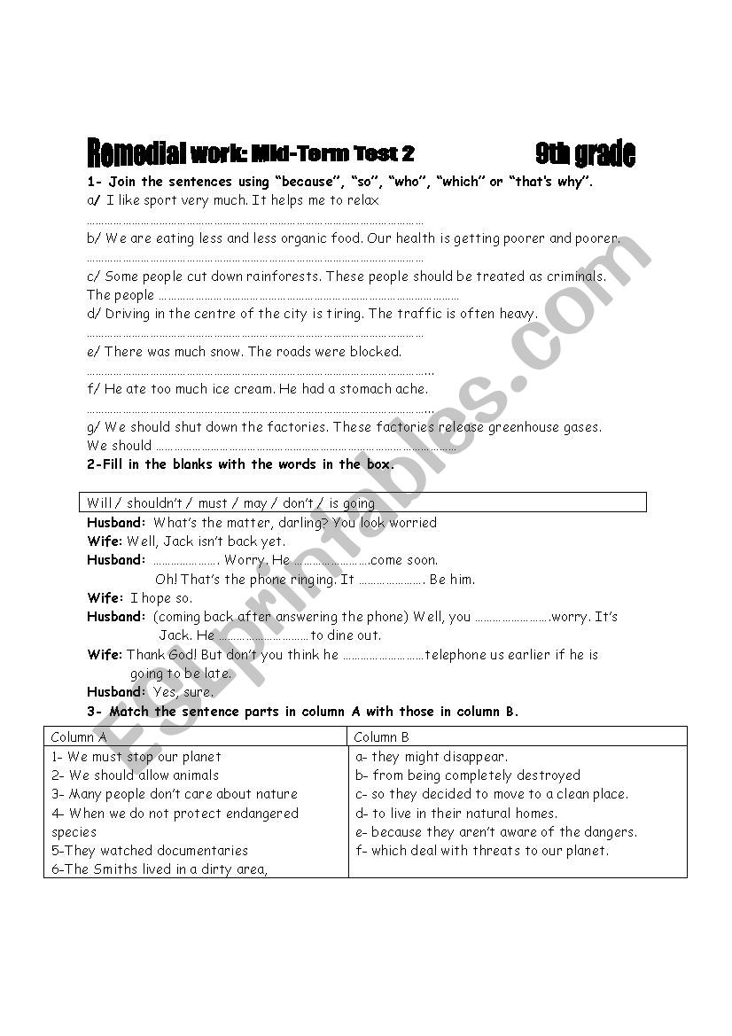 Remedial work: Mid Term Test 2 (9th formers)