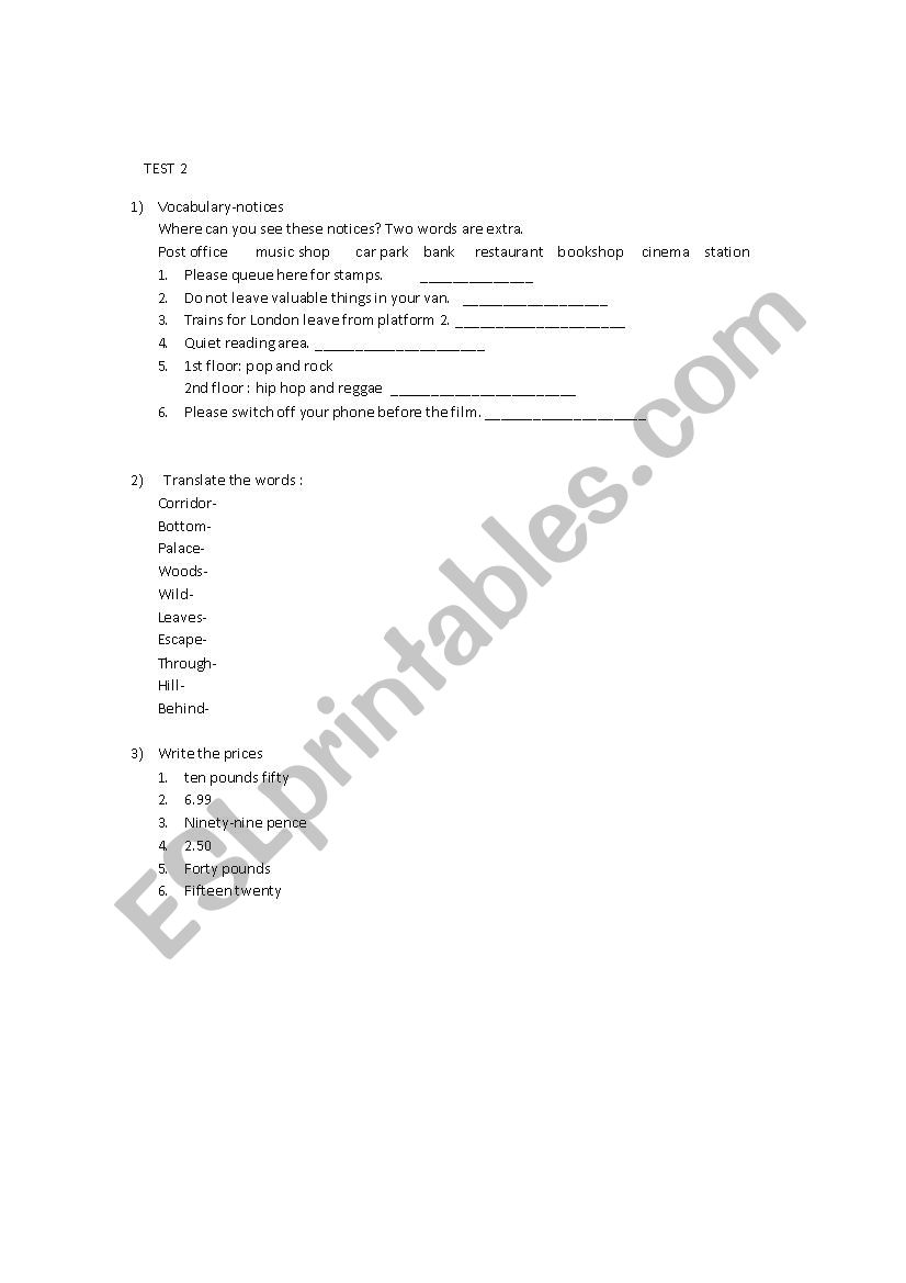 test for seventh graders worksheet