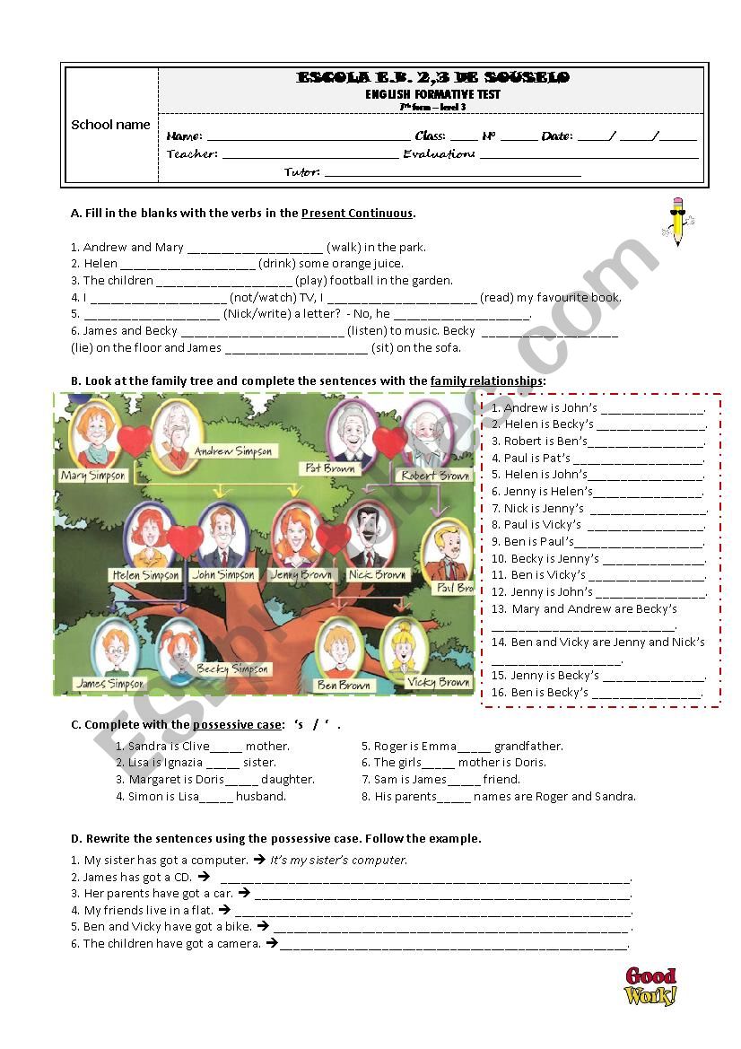 Formative test worksheet