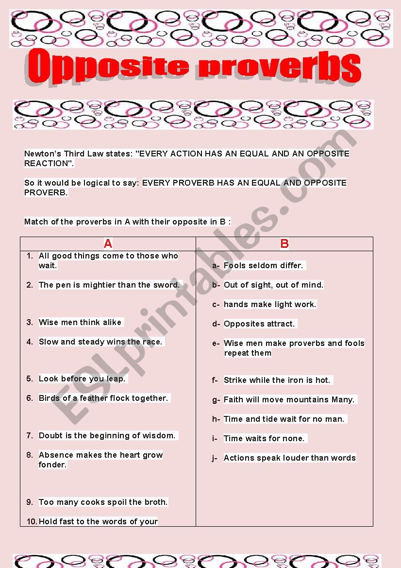 oPPOSITE pROVERBS worksheet