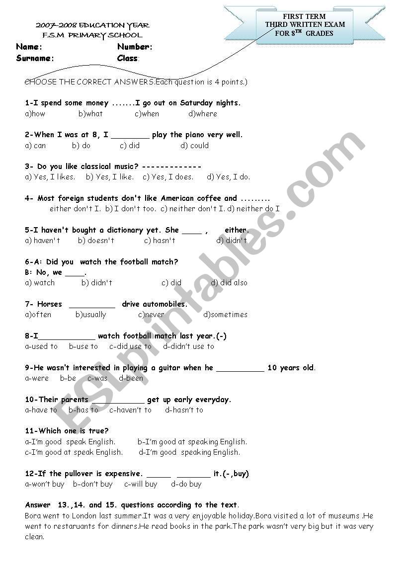 exam for 8th grades in order to revise grammar subjects
