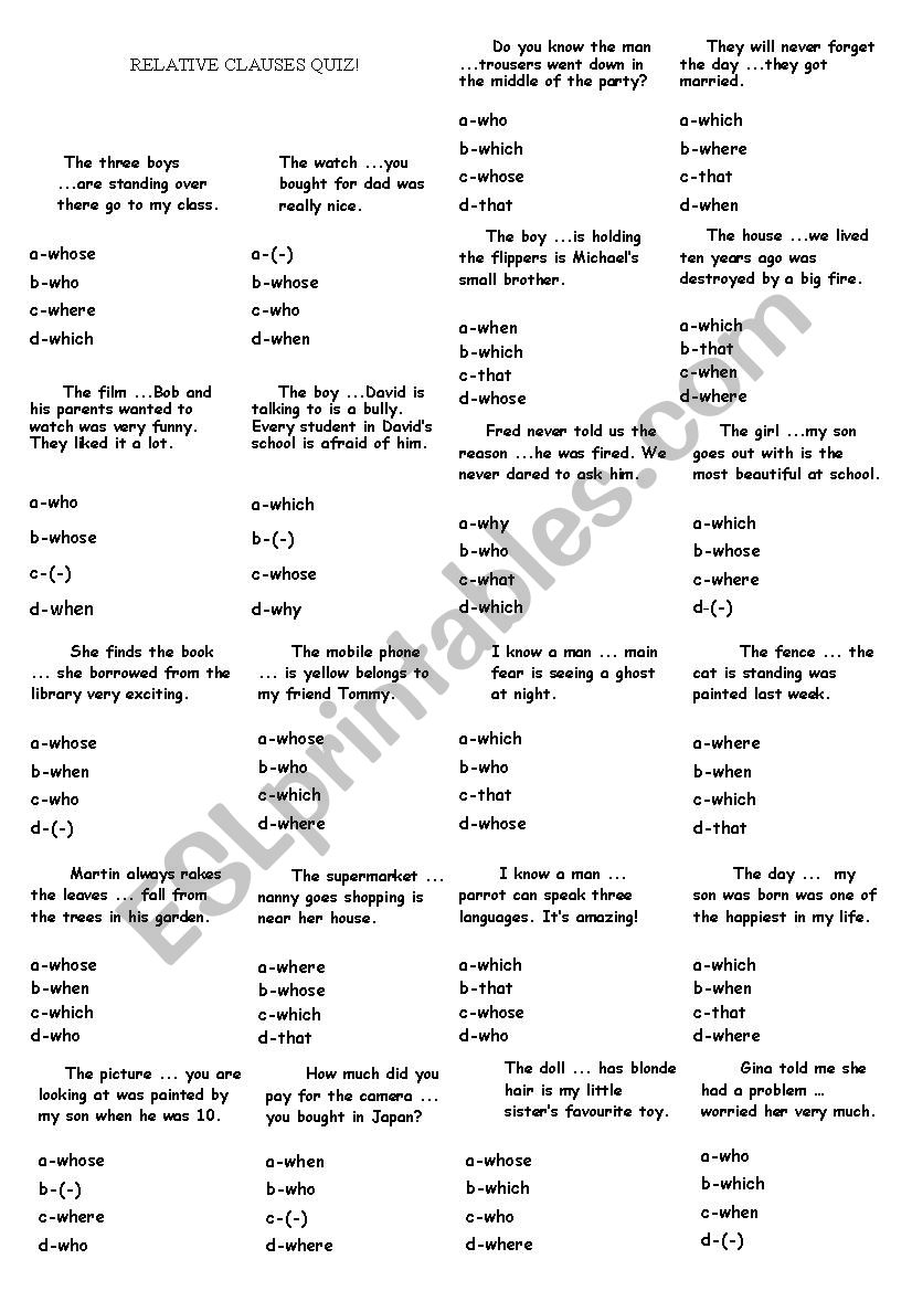 Relative Clauses Quiz worksheet