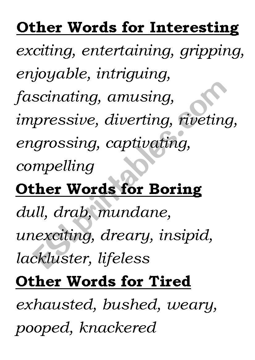 Synonyms for interesting, boring and tired poster