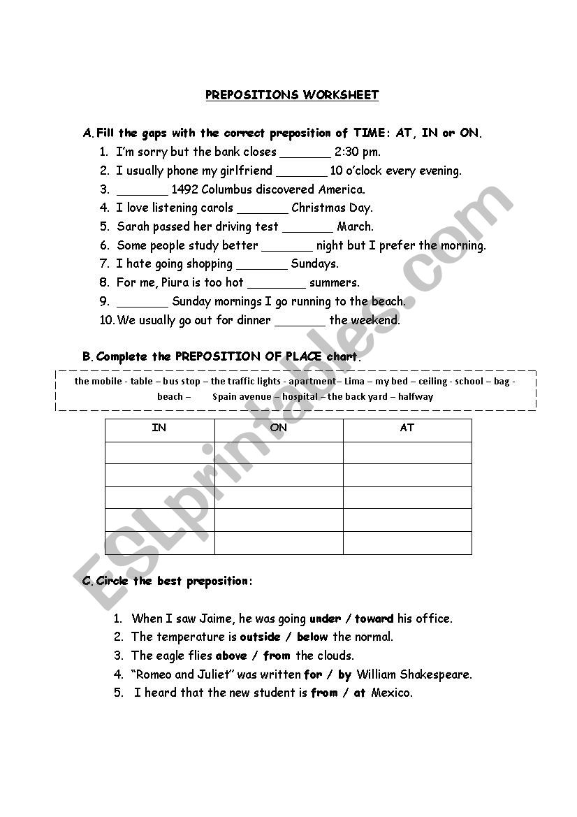 PREPOSITIONS worksheet