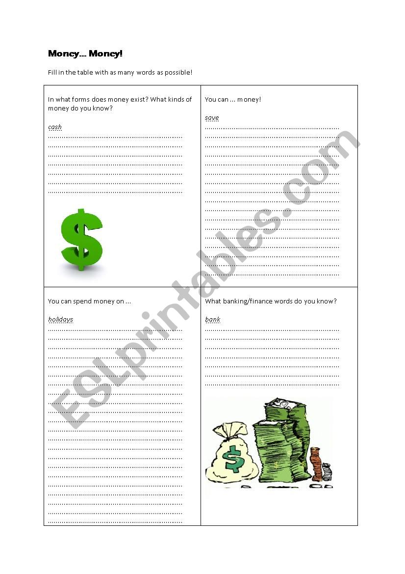 Money Vocabulary worksheet