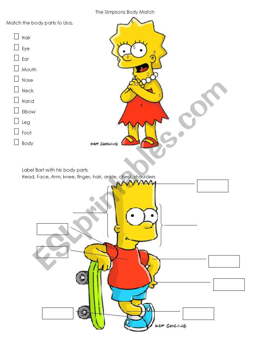 Simpsons Body Parts Worksheet worksheet