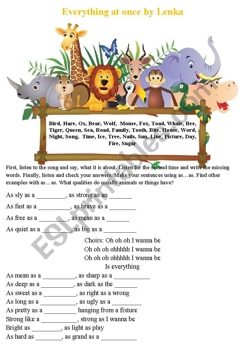 Everything at once by Lenka worksheet