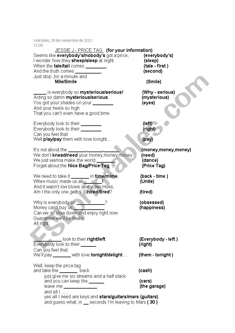  JESSIE J - PRICE TAG worksheet